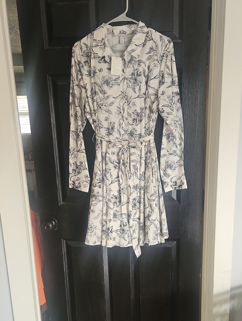 a new day White Floral Long-Sleeve Shirt Dress with Black Print